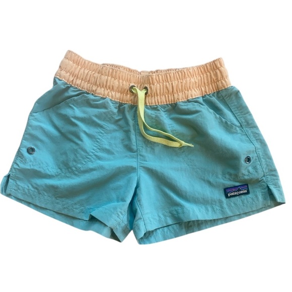 Patagonia Kids Baggies Shorts Size Small Recycled Nylon Aqua Peach NetPlus - Picture 1 of 7